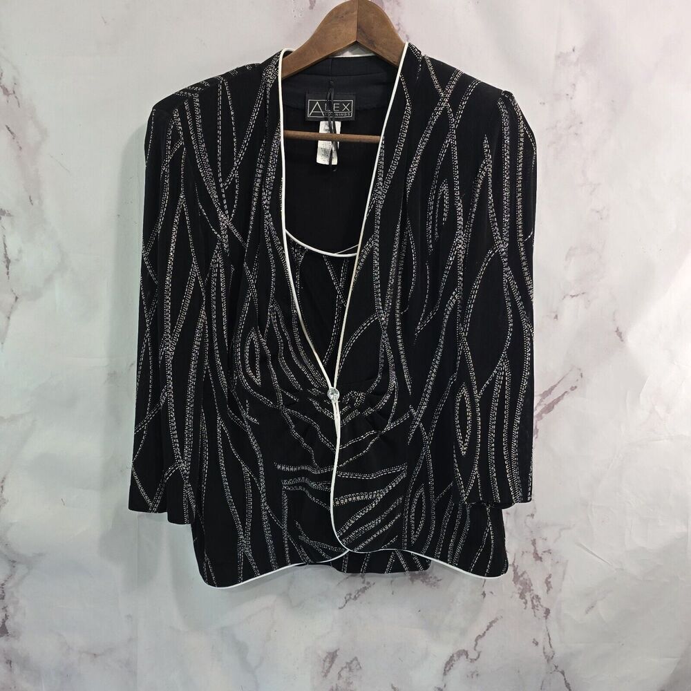 Alex Evenings Jacket Women Large Black Sparkle Shimmer Metallic Tank Set Two